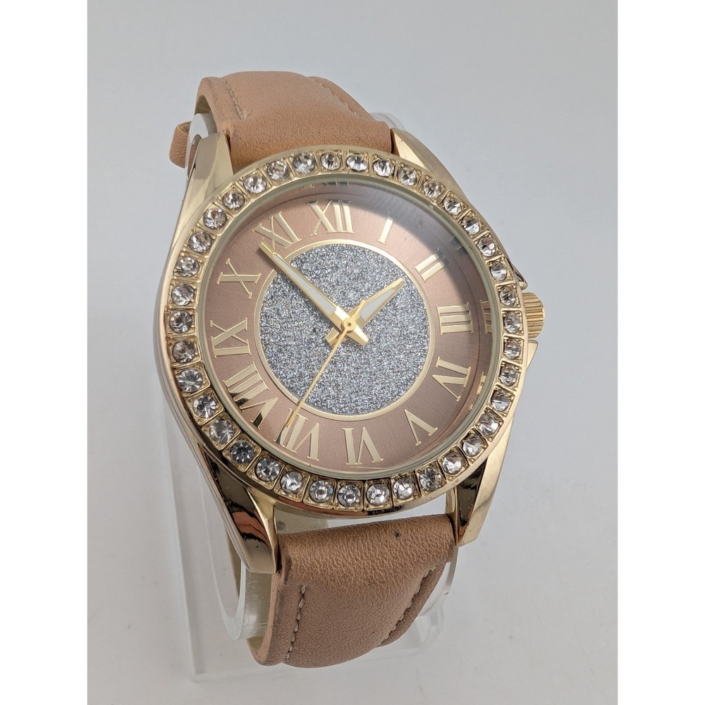 Kessaris Women's Watch 38mm Case Rhinestones Beige Band- New Battery